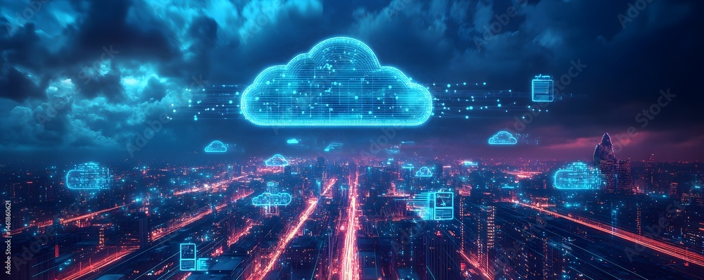 Poster a futuristic cityscape illuminated by neon lights, showcasing digital clouds connected by data strea