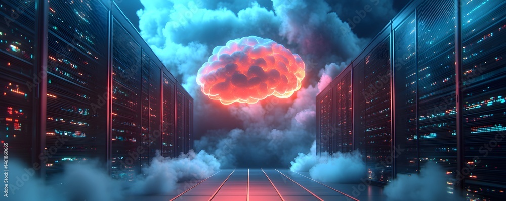 Poster a futuristic data center featuring glowing servers and a cloud of vibrant colors. this image portray