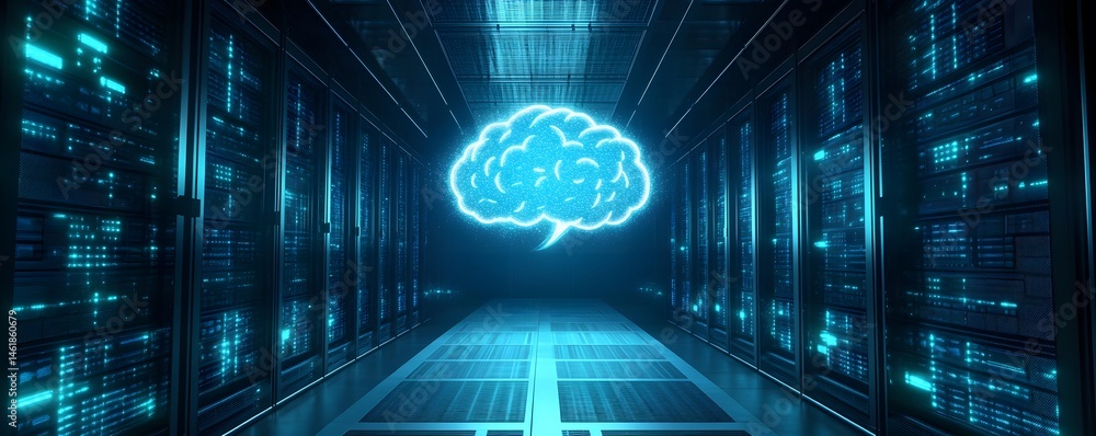 Poster a futuristic data center showcasing illuminated server racks with a glowing brain symbolizing artifi