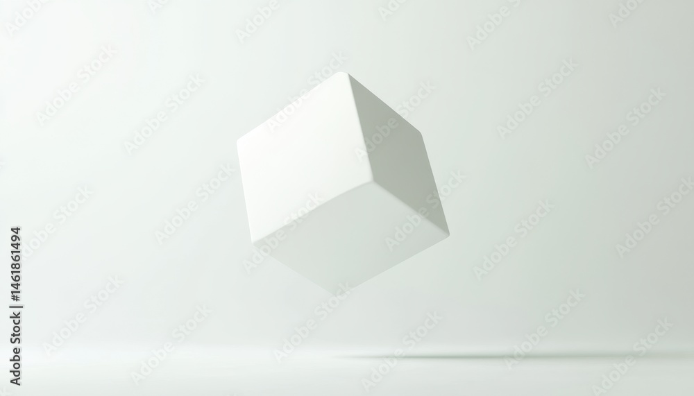 Aufkleber Geometric White Cube Hovering in Minimalist White Studio with Soft Lighting Simple Background for Creative Abstract Designs