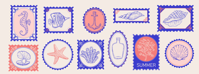 Set of sea, summer style postage stamps. Underwater creatures, starfish, sea  horse, coral, fish. Hand drawn style. © olechkaart