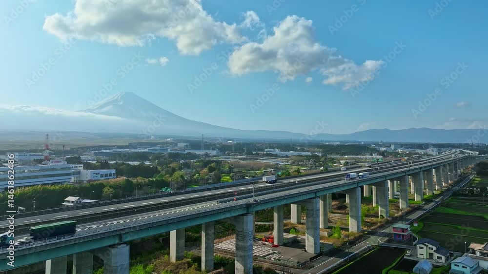Poster 平野を走る高速道路と富士山の風景　空撮