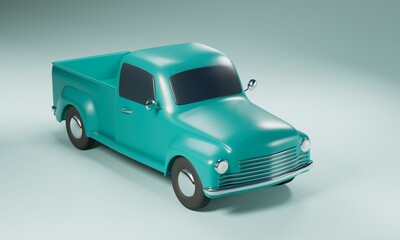 Retro pickup 3d rendering. Old style truck concept on a cyan background