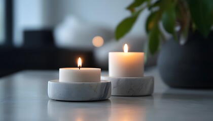 A serene image of two lit candles resting on a minimalist stone surface, surrounded by soft light and foliage, creating a calm and soothing atmosphere ideal for relaxation.