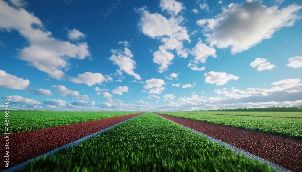Aufkleber landscape perspective of green grass field with red paths and cloudy sky on a bright sunny day natur