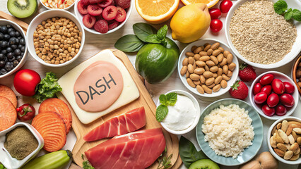 DASH diet : Fruits, vegetables, whole grains, lean proteins, low-fat dairy, nuts, seeds, legumes, healthy fats (e.g., olive oil), limited sweets and sodium