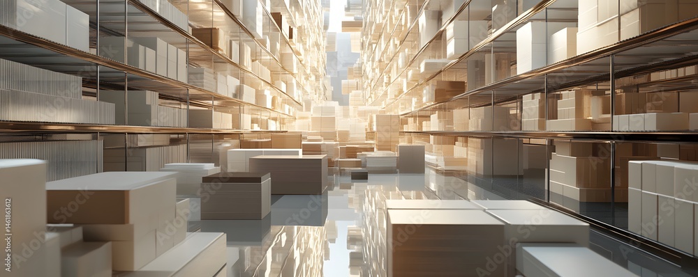 Aufkleber a spacious warehouse filled with neatly stacked boxes and bright sunlight streaming through large wi