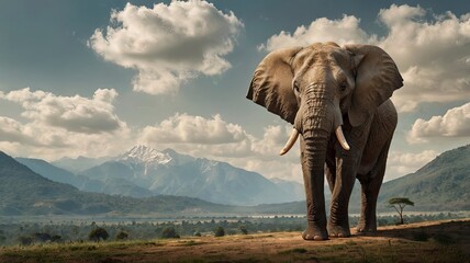 Fototapeta premium An elephant walking alone with a mountain view