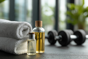 White Towels and Massage Oils Near Dumbbells in Gym Setting