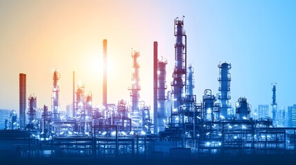A stunning industrial landscape featuring a silhouette of oil refineries against a vibrant sunset, showcasing the blend of technology and nature's beauty.