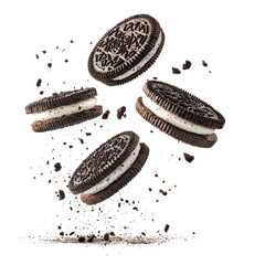 Flying Oreo Cookies with Crumbs Isolated on White Background