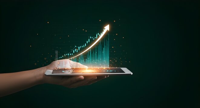 Un empresario sostiene una tableta y muestra gr&aacute;ficos hologr&aacute;ficos y estad&iacute;sticas burs&aacute;tiles, obteniendo ganancias. Concepto de planificaci&oacute;n de crecimiento y estrategia empresarial. Visualizaci&oacute;n de 