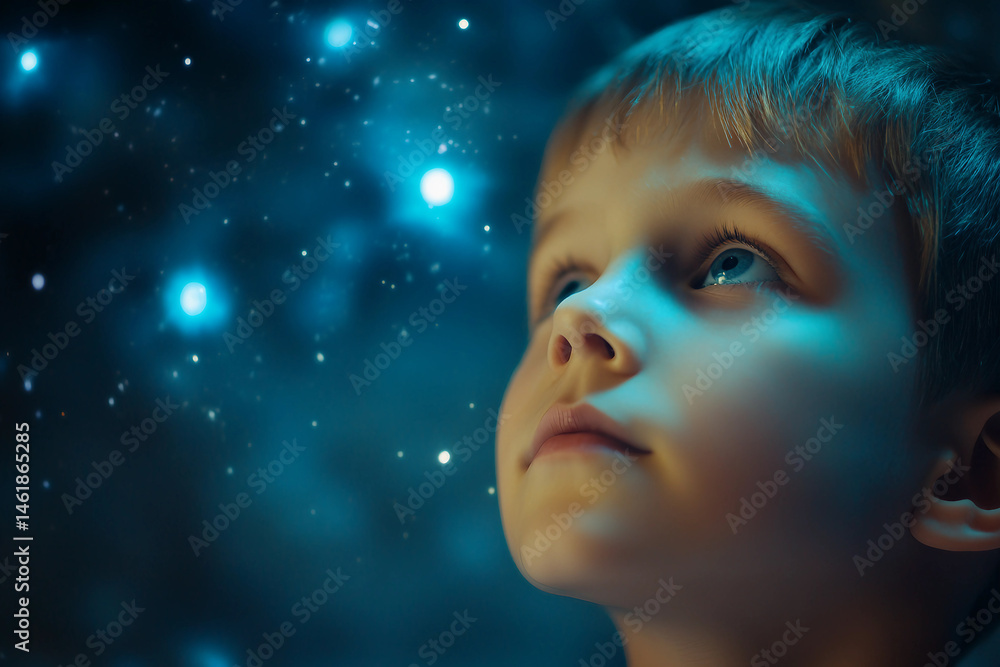Poster generative ai concept of a curious child exploring the universe stars and astronomy with wonder and 