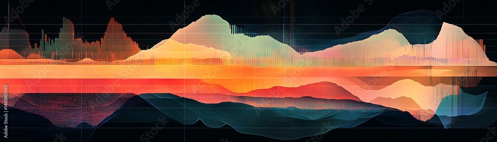Poster a vibrant and abstract representation of sound waves overlaid on a colorful landscape, illustrating 