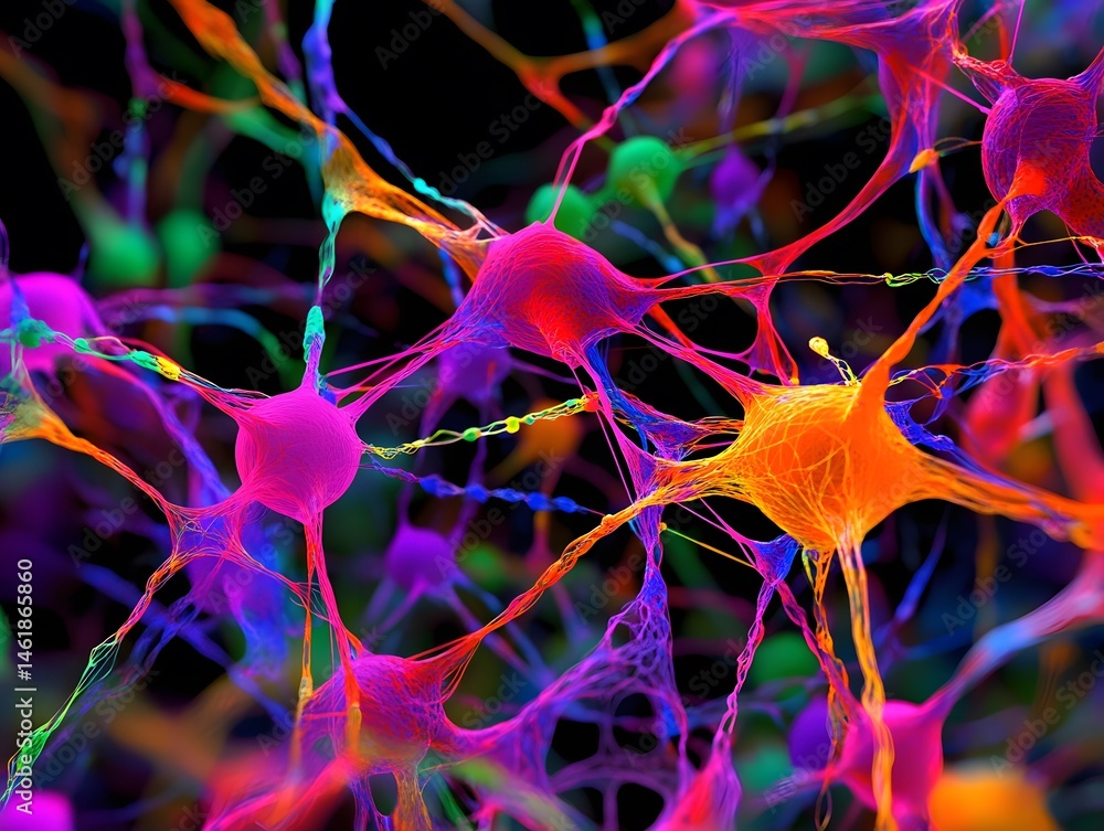 Poster A vibrant and colorful representation of neurons interconnected by synapses, showcasing the intricate patterns of the nervous system under a microscope