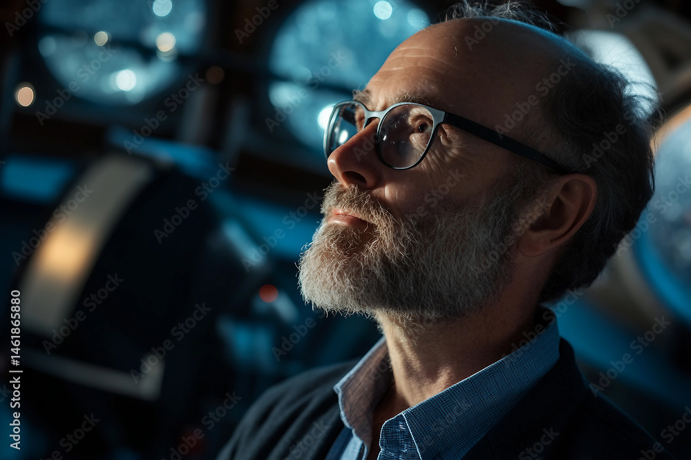 Poster scientist working with telescope during astronomy and space research project at night using generati