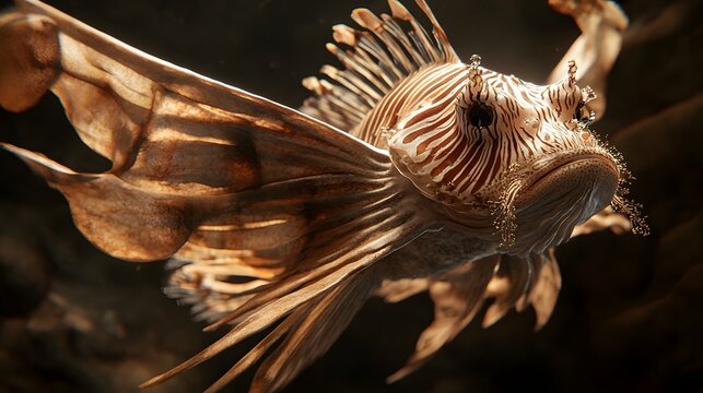 Detailed close-up of a majestic lionfish in motion.