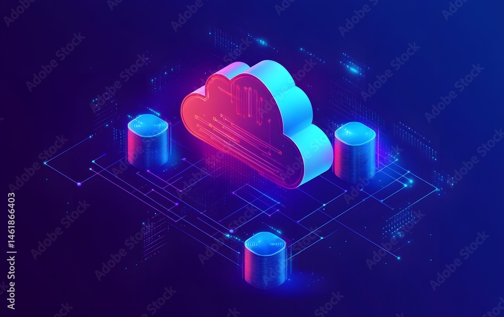 Poster a vibrant digital representation of cloud computing, featuring a colorful cloud icon surrounded by d