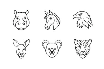 Obraz premium Illustrative black and white vector drawings of diverse animal heads on white background