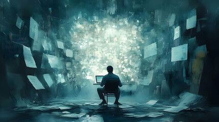 A person sits amidst a digital paperwork maze.