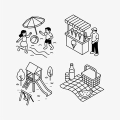 Black and white isometric line art illustration set of summer activities for kids and families. Includes children playing beach ball, an ice cream stall, playground with slide and swing, and picnic.