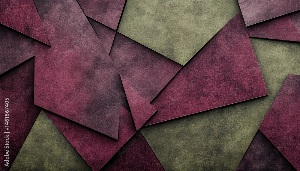 Poster overlapping triangles in burgundy red and olive green grunge textured abstract background