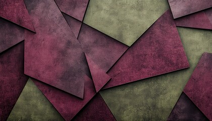Overlapping Triangles in Burgundy Red and Olive Green Grunge Textured Abstract Background