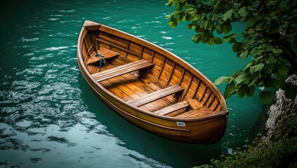 Wooden rowboat on teal lake