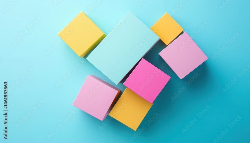 Poster pastel colored cubes arranged on a light blue background minimalist geometric composition in pastel 