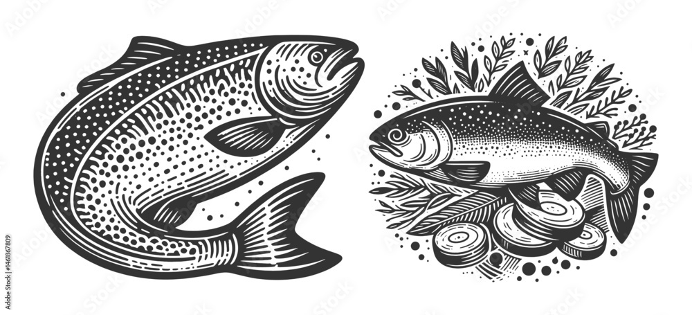 Poster salmon fish set collection bundle sketch engraving generative ai vector illustration. scratch board 