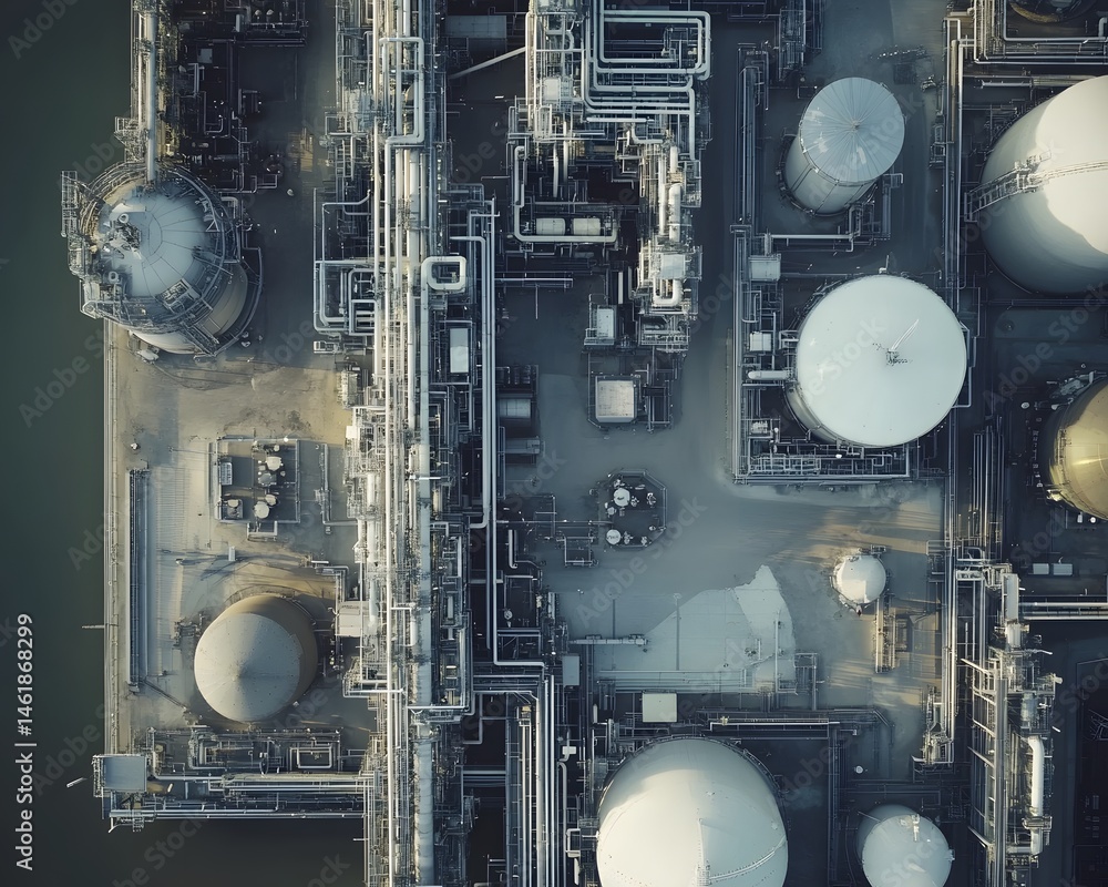 Poster an aerial view of an industrial complex featuring intricate pipelines and large storage tanks, showc