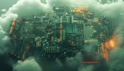 Fototapeta premium An aerial view of a futuristic cityscape, showcasing advanced technology and urban development among swirling clouds, depicting innovation and modernity in architecture.