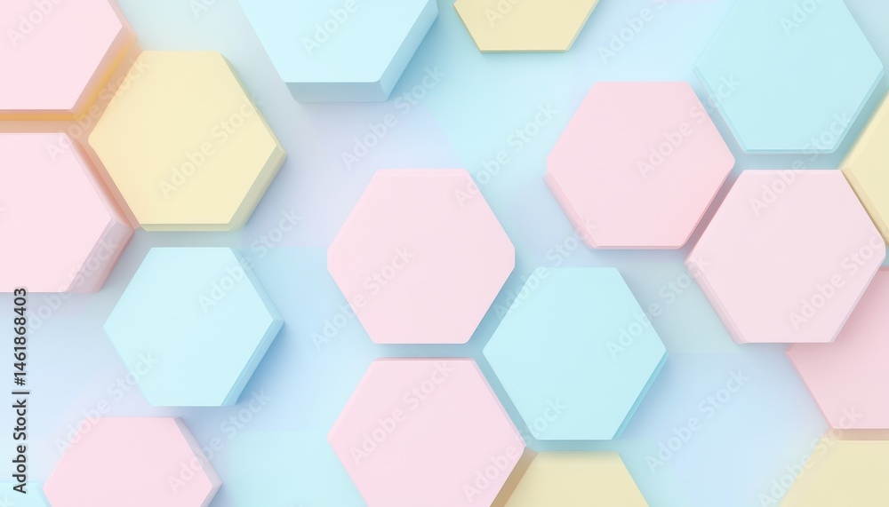 Poster Pastel Hexagon Abstract Background with a Geometric Pattern of Pink Yellow and Blue Cells on a Light Surface Rendered in a Soft Style with a Minimalist Aesthetic