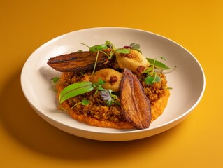 Fototapeta premium A plated Pan-African contemporary dish with spiced yam puree, jollof-style grains, and plantain crisps, isolated bold ochre background, modern ethnic fusion with vibrant plating