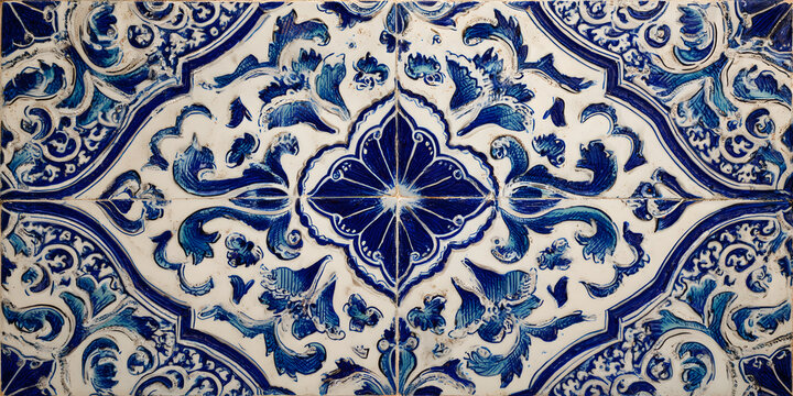 Ornate moroccan tile texture intricate floral patterns blue and white ceramic glaze traditional islamic architecture detail seamless background,  high-resolution texture background for rendering, visu