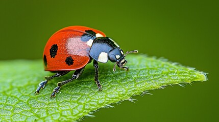 Naklejka premium Ladybug on a vibrant green leaf