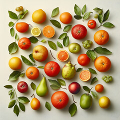 Obraz premium Assortment of various fresh fruits and green leaves overhead view