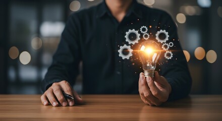 Innovación. Manos sosteniendo una bombilla para una nueva idea conceptual con innovación e inspiración, tecnología innovadora en ciencia y comunicación.