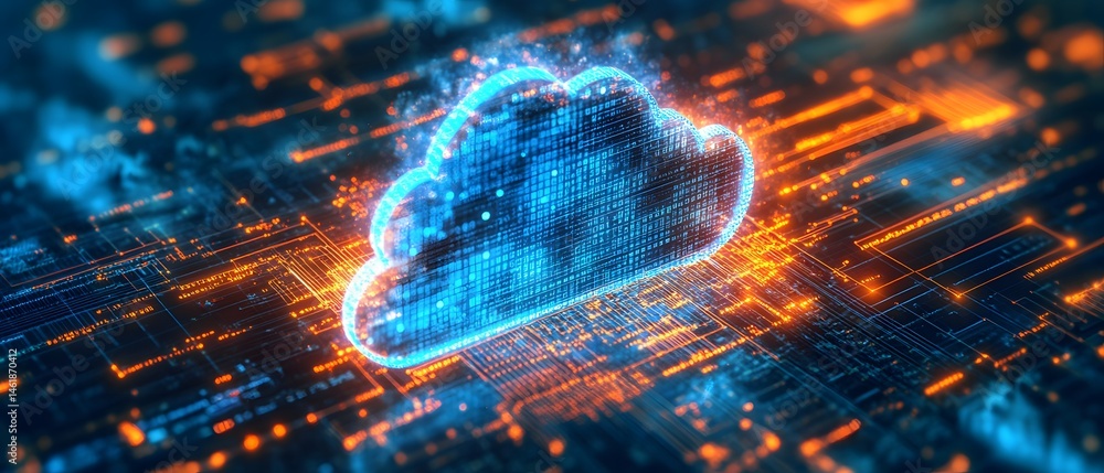 Poster this digital image depicts a glowing cloud symbol representing cloud computing, surrounded by vibran