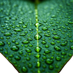 Macro shot of green leaf texture filled with shiny water droplets after rain