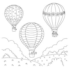 Coloring Page showcasing a scenic view of hot air balloons flying above the clouds