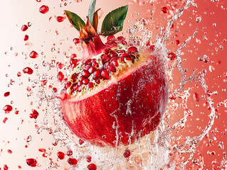 Composition with ripe pomegranate apple falling into water and lots of splashes. Drops of water splashing dynamically in different directions. on pure white background. Studio photography.