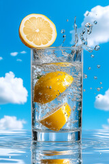 Blue sky, tall glass of water with ice cubes. Piece of freshly cut lemon floating on the water, splashing around. Reflection in the water is faintly visible, creating a refreshing summer atmosphere.