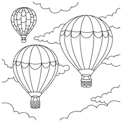Coloring Page of a picturesque scene with hot air balloons floating over a peaceful landscape