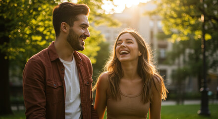Smiling couple enjoying each other's company in a sunny park  