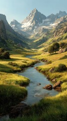 Obraz premium Scenic mountain landscape with a river flowing through lush green meadows and rocky formations