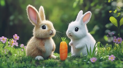 Obraz premium Two Bunnies Sharing: A tan bunny and a white bunny are standing side by side, with their ears perked up, gazing at a large orange carrot.