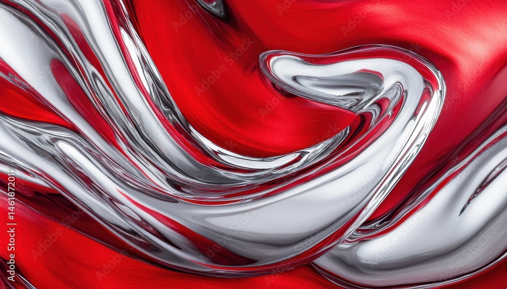 Poster Swirling Red and Silver Fabric with Metallic Texture in a Dynamic Abstract Pattern for Elegant Background and Decorative Designs
