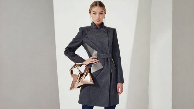 Woman in gray coat fashion style trendy outfit handbag design elegant clothing runway model vogue