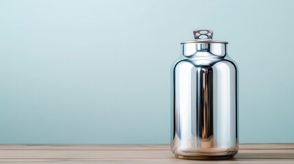 A polished silver container sits elegantly on a wooden table, reflecting light and its surroundings, creating a sense of modern elegance that captures attention.